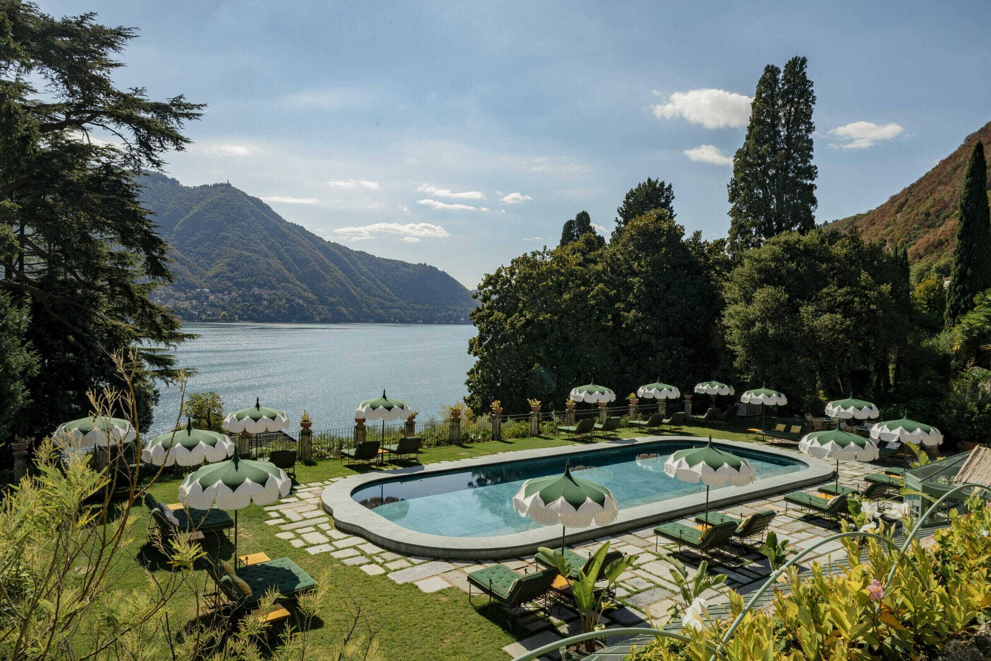 The garden pool at Passalacqua, looking out over Lake Como